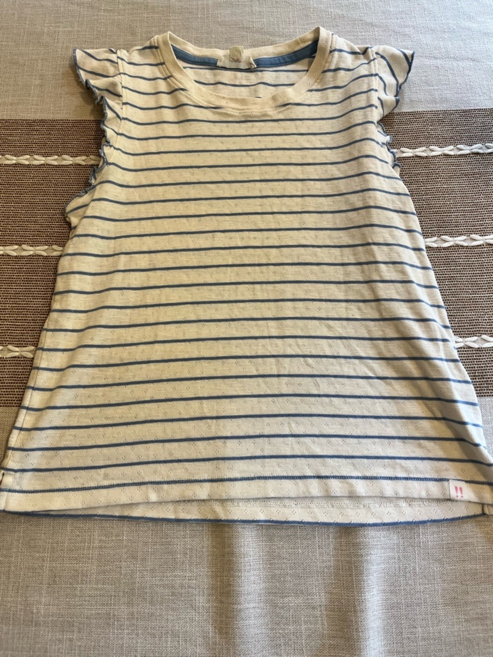 Women’s Small Roller Rabbit Eyelet Striped Ruffle Sleeve Top in Cream and Blue
